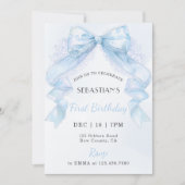 Coquette Blue Lace Bow Boy First Birthday Einladung (Vorderseite)