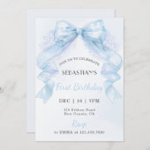 Coquette Blue Lace Bow Boy First Birthday Einladung (Vorne/Hinten)