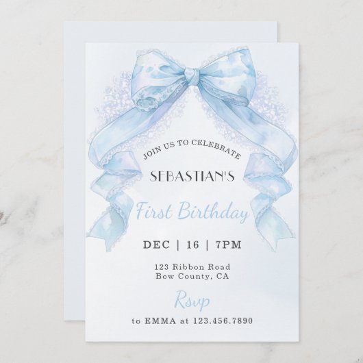 Coquette Blue Lace Bow Boy First Birthday Einladung (Vorne/Hinten)