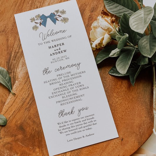 Coquette Blue Yellow Bows Hochzeitsprogramm Programm