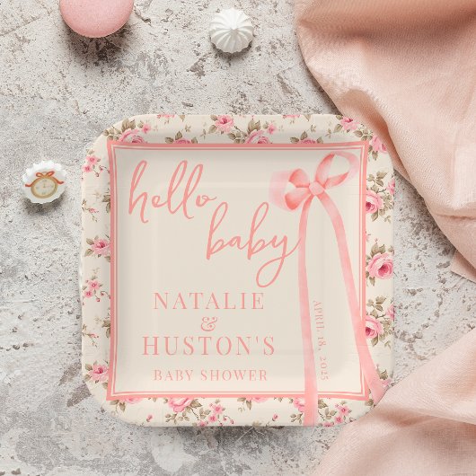 Coquette Blush Pink Bow Floral Baby Dusche nach Ma Pappteller