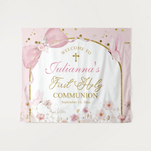Coquette Blush Pink Butterfly First Holy Communion Wandteppich (Vorderseite (Horizontal))