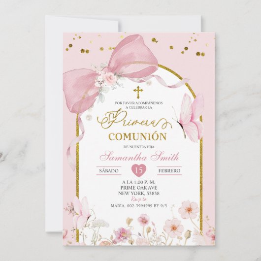 Coquette Blush Pink Butterfly Primera Communion Einladung (Vorderseite)