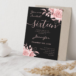 Coquette Blush Pink Sweet 16 Floral Black Einladung