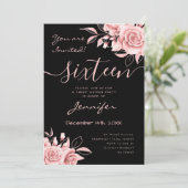 Coquette Blush Pink Sweet 16 Floral Black Einladung (Stehend Vorderseite)