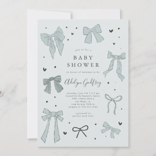 Coquette Bow Blue Baby Dusche Einladung (Vorderseite)