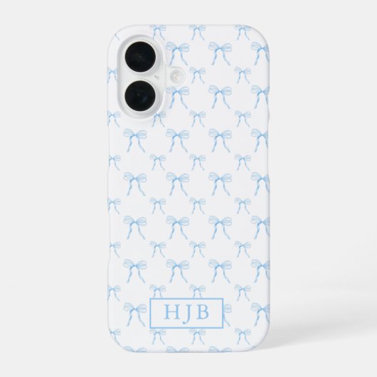 Coquette Bow Blue Monogram Initial iPhone 16 Fall Hülle (Rückseite)