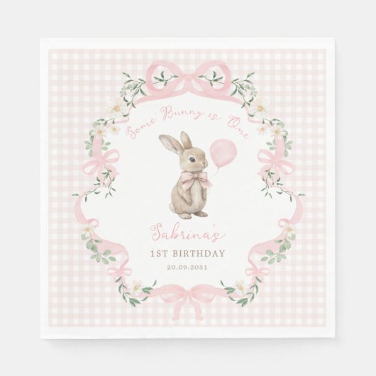 Coquette Bow Bunny Pink Gingham 1st Birthday Serviette (Vorderseite)