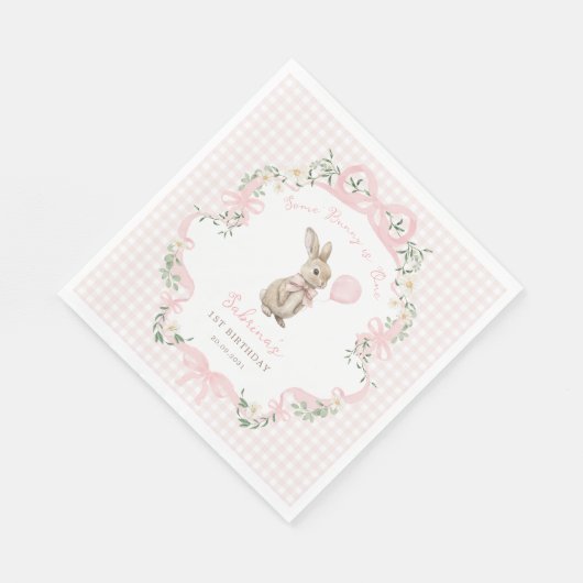 Coquette Bow Bunny Pink Gingham 1st Birthday Serviette (Ecke)