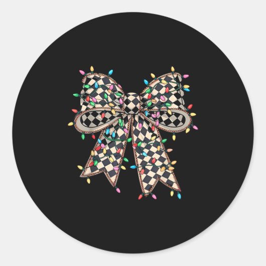Coquette Bow Checkered Christmas Xmas Lights Pajam Runder Aufkleber (Vorderseite)