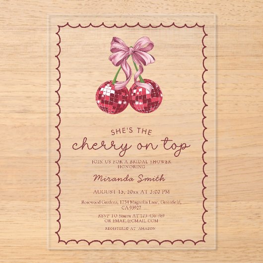 Coquette Bow Cherry auf dem oberen Brautparty Acryleinladungen (Vorderseite)