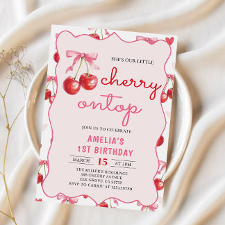 Coquette Bow Cherry auf Top 1. Geburtstagseinladun Einladung