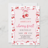 Coquette Bow Cherry Erster 1. Geburtstag Einladung (Vorderseite)