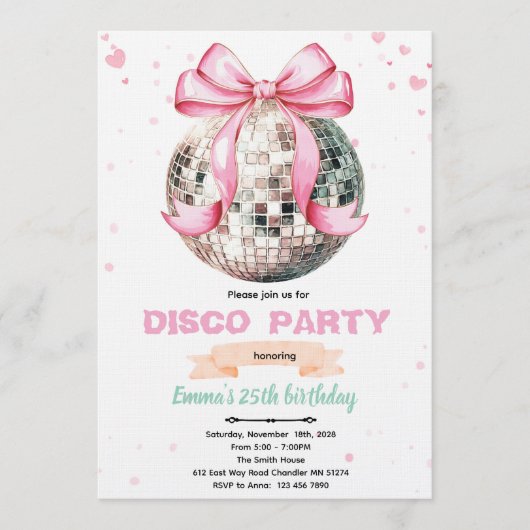 Coquette Bow Disco Party Invitation Einladung (Vorderseite)