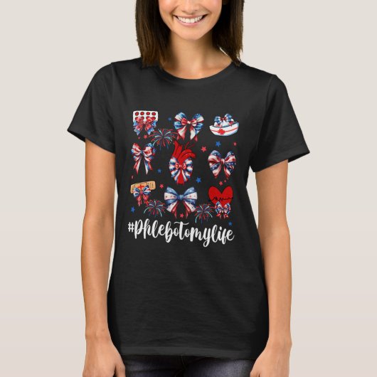 Coquette Bow Fireworks Phlebotomy Happy 4. Juli T-Shirt (Vorderseite)