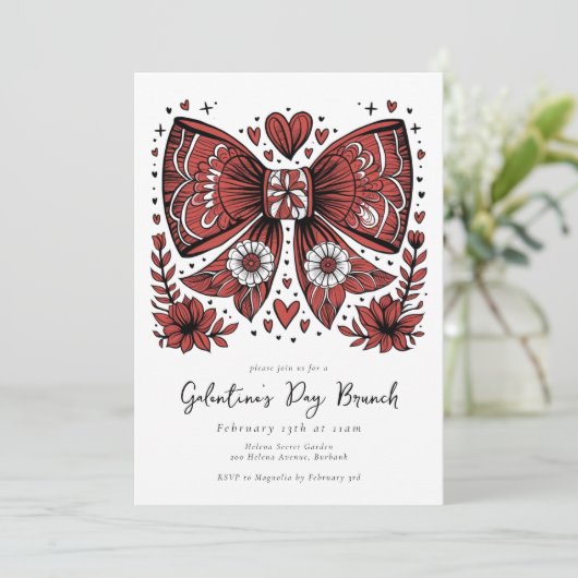 Coquette Bow Galentine's Day Brunch Einladung (Stehend Vorderseite)