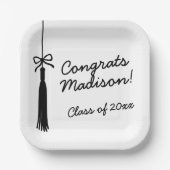 Coquette Bow Grad Tassel Black & White Graduation Pappteller (Vorderseite)