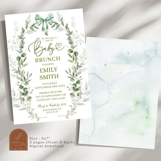 Coquette Bow Greenery Baby Brunch Einladung