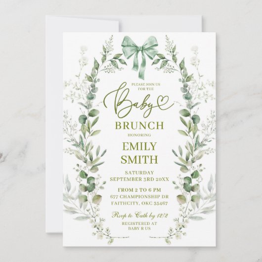 Coquette Bow Greenery Baby Brunch Einladung (Vorderseite)