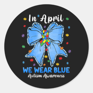 Coquette Bow im April tragen wir Blue Autism Aware Runder Aufkleber