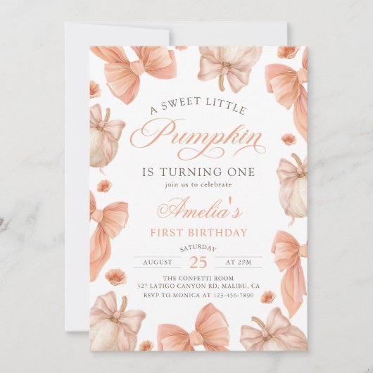 Coquette Bow Little Pumpkin Geburtstag Einladung (Vorderseite)