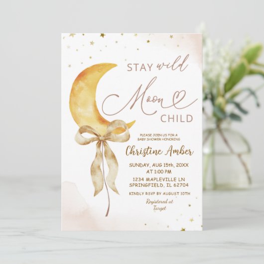 Coquette Bow Moon Boho Kinderdusche Einladung (Stehend Vorderseite)