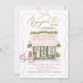 Coquette Bow Parisian Café French Girl Baby Shower Einladung (Vorderseite)