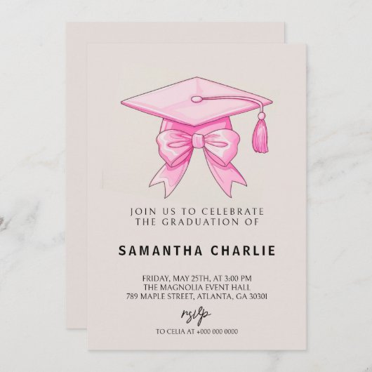 Coquette Bow Pink Abschluss Einladung (Vorne/Hinten)