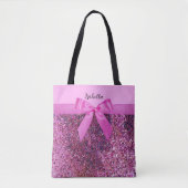 Coquette Bow & Pink Lila Glitzer Name Tasche (Vorderseite)