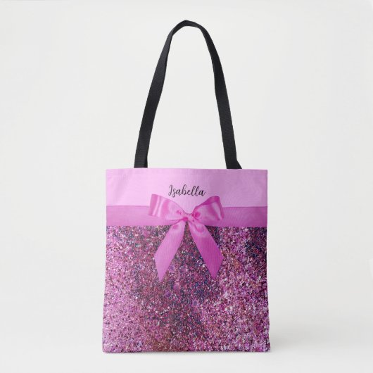 Coquette Bow & Pink Lila Glitzer Name Tasche (Vorderseite)