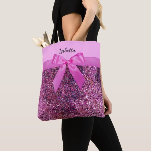 Coquette Bow & Pink Lila Glitzer Name Tasche (Von Nahem)