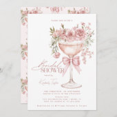 Coquette Bow Pink Roses Prosecco Brautparty Einladung (Vorne/Hinten)