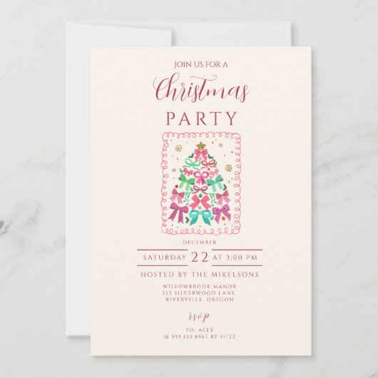 Coquette Bow Pink Tree Christmas Einladung (Vorderseite)