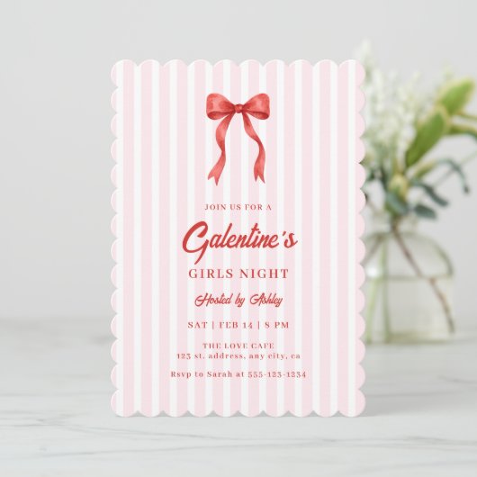 Coquette Bow Red Pink Galentine's Party Einladung (Stehend Vorderseite)