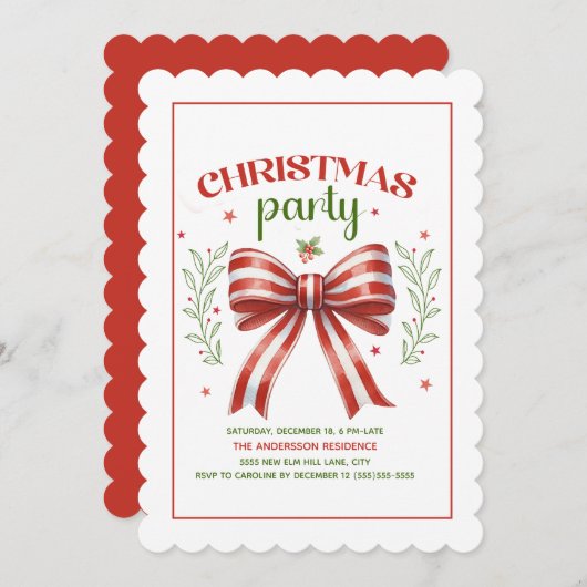 Coquette Bow Red White Scallop Weihnachtsgebäck Pa Einladung (Vorne/Hinten)
