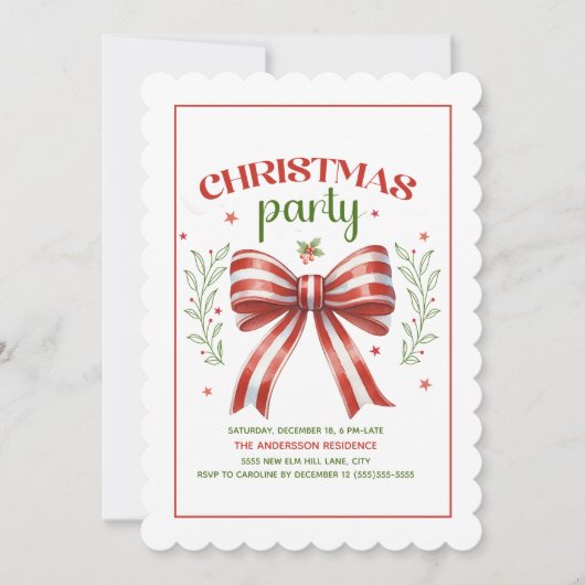 Coquette Bow Red White Scallop Weihnachtsgebäck Pa Einladung (Vorderseite)