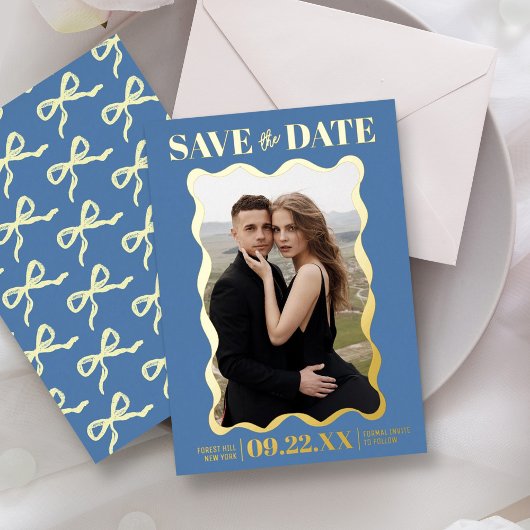 Coquette Bow Retro Wedding Foto Save the Date Folieneinladung