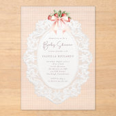Coquette Bow Stawberries Lace Baby Shower  Acryleinladungen (Vorderseite)