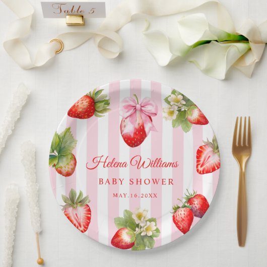 Coquette Bow Strawberries Baby Shower Pappteller (Hochzeit)