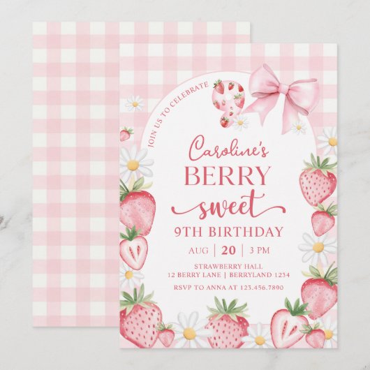 Coquette Bow Strawberry 9. Geburtstag Einladung (Vorne/Hinten)