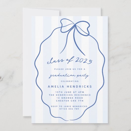 Coquette Bow & Stripes Blue Graduation Party Foto Einladung (Vorderseite)