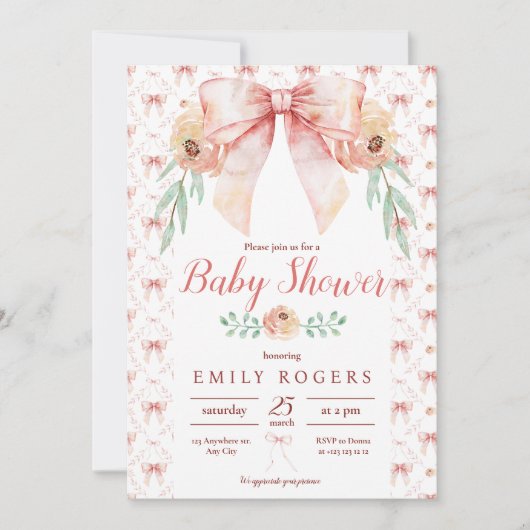Coquette Bow und Florals Baby Dusche Einladung (Vorderseite)