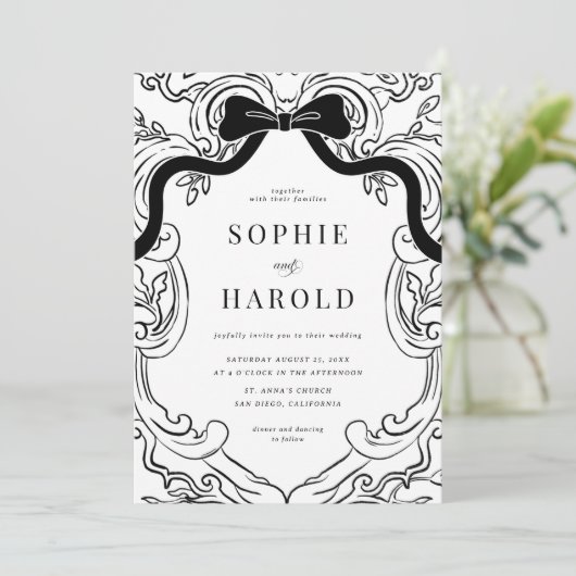 Coquette Bow Wappen Monogram Wedding Einladung (Stehend Vorderseite)