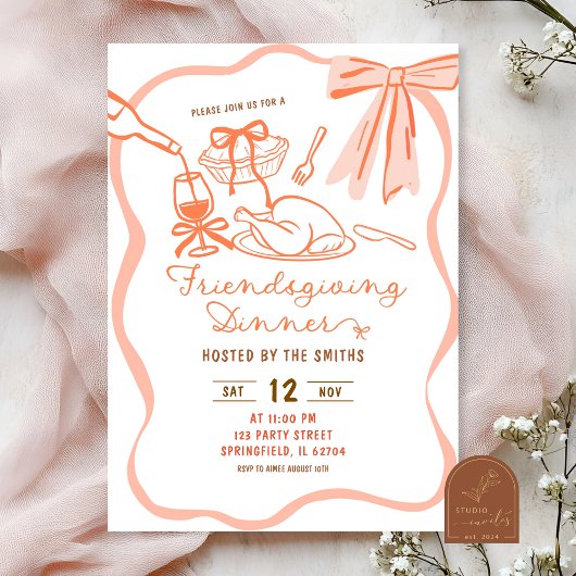 Coquette Bow Wavy Hand Drawing Friendsgiving Einladung