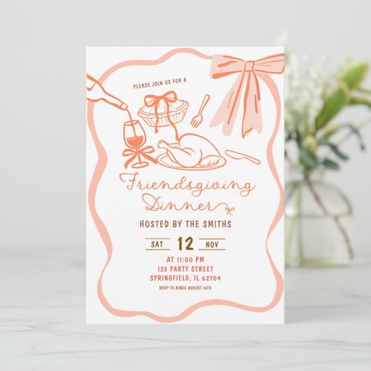 Coquette Bow Wavy Hand Drawing Friendsgiving Einladung (Stehend Vorderseite)