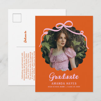 Coquette Bow Wavy Orange & Pink Graduation Photo Ankündigungspostkarte