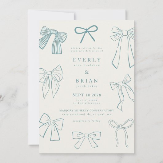 Coquette Bows Blue Wedding Einladung (Vorderseite)