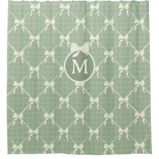 Coquette Bows Gingham Monogram Cream Sage Green Duschvorhang (Vorderseite)