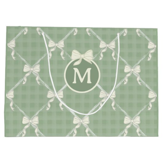 Coquette Bows Gingham Monogram Cream Sage Green  Große Geschenktüte (Rückseite)