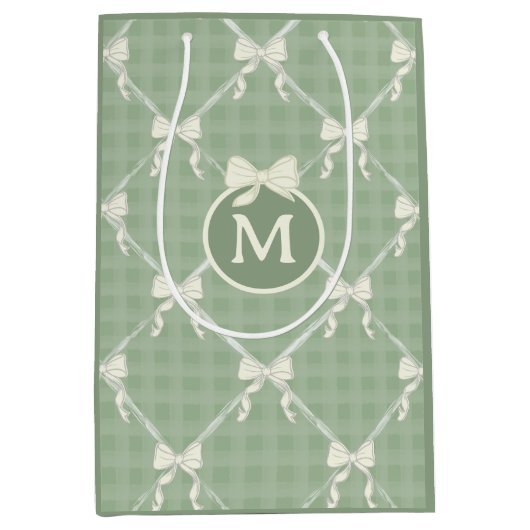 Coquette Bows Gingham Monogram Cream Sage Green Mittlere Geschenktüte (Vorderseite)